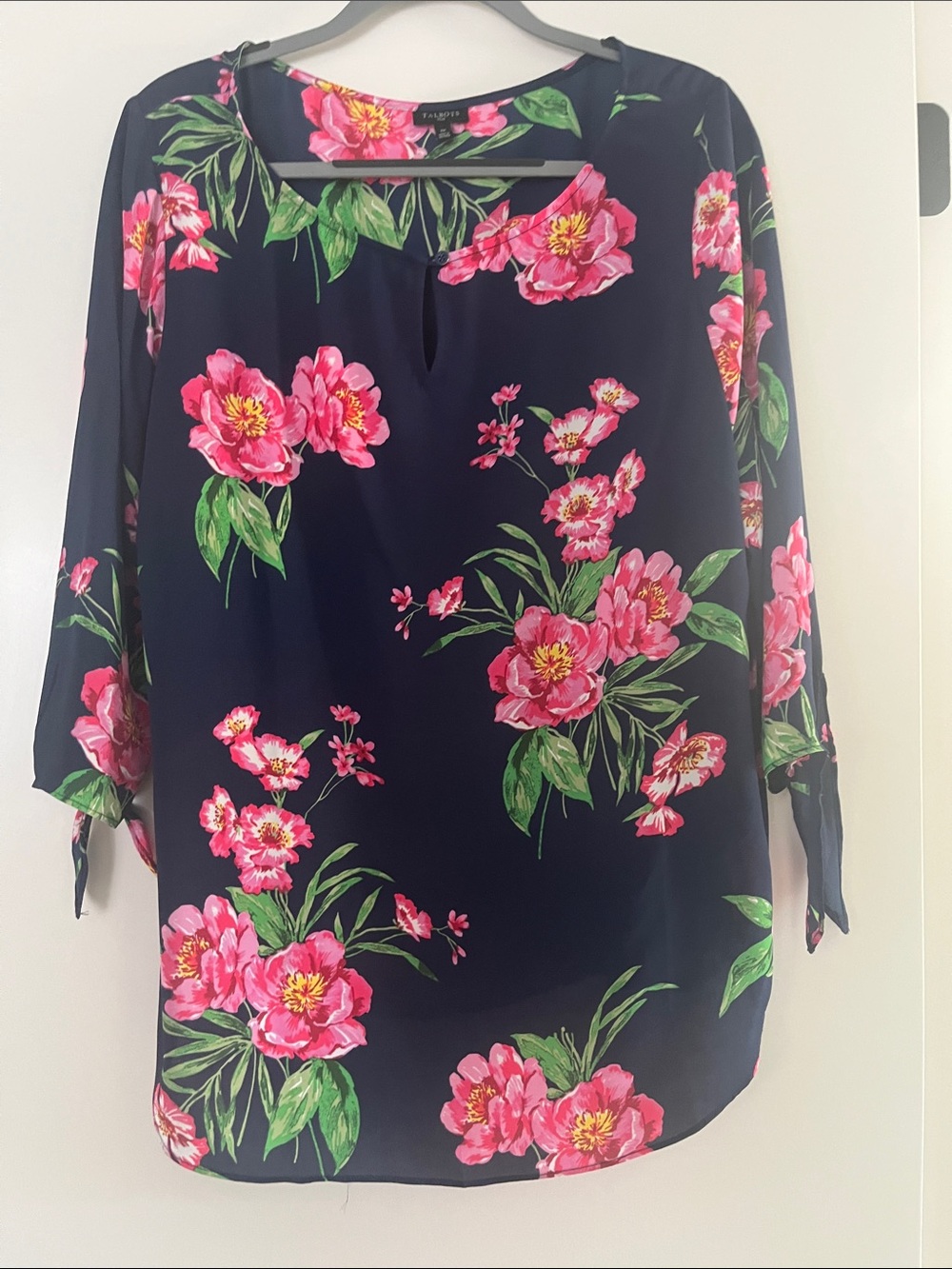 Tahari Navy Blouse with  Pink Floral Print